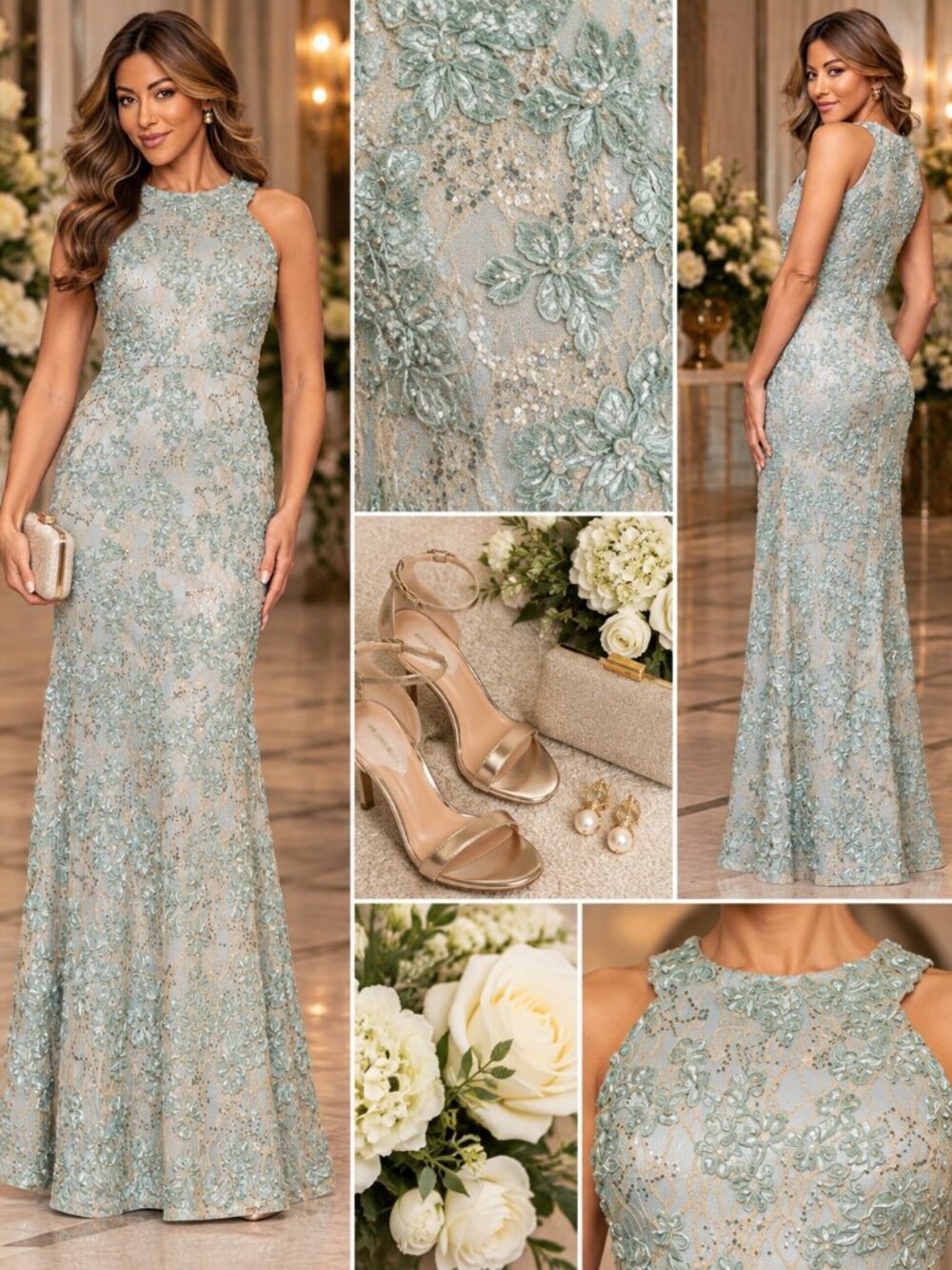 XSCAPE Petite Sage Gold Embroidered Formal Evening Gown 12P NWT